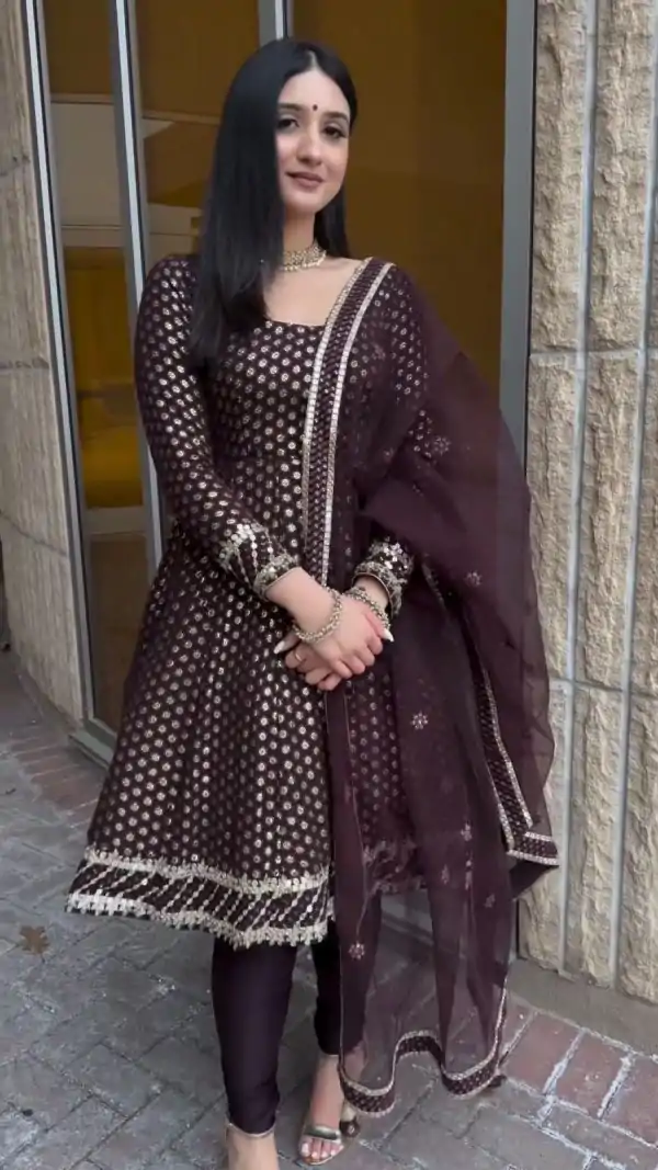 Aesthetic Brown Georgette Embroidery Sequence Salwar Suit