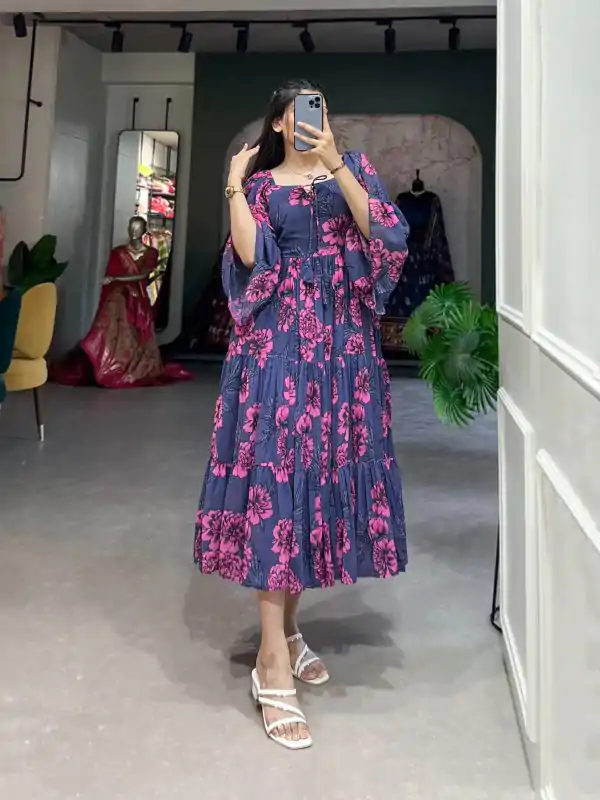 Aesthetic Navy Blue Color Georgette Floral Printed Work Gown