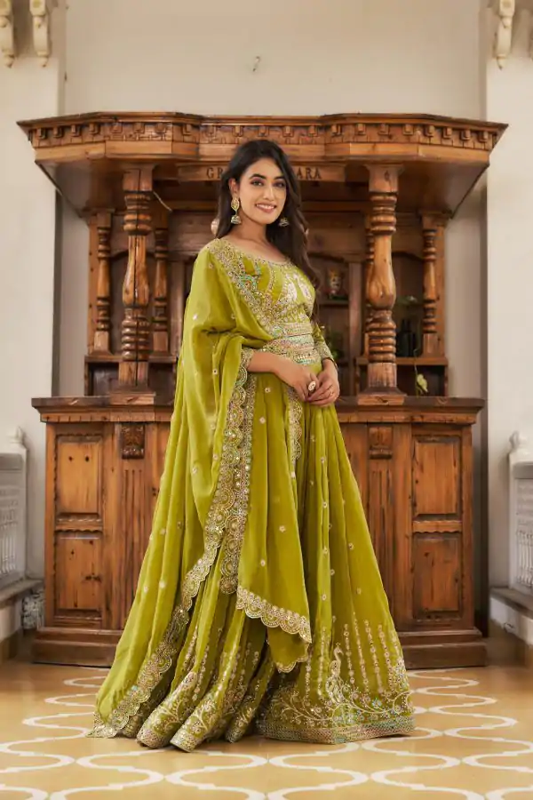 Aglow Pista Color Georgette Multi Sequence Work Lehenga Choli