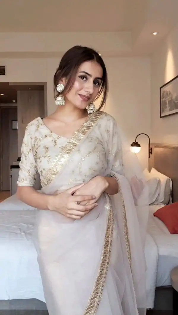 Beautiful White Color Soft Net Thread Sequence Work Saree