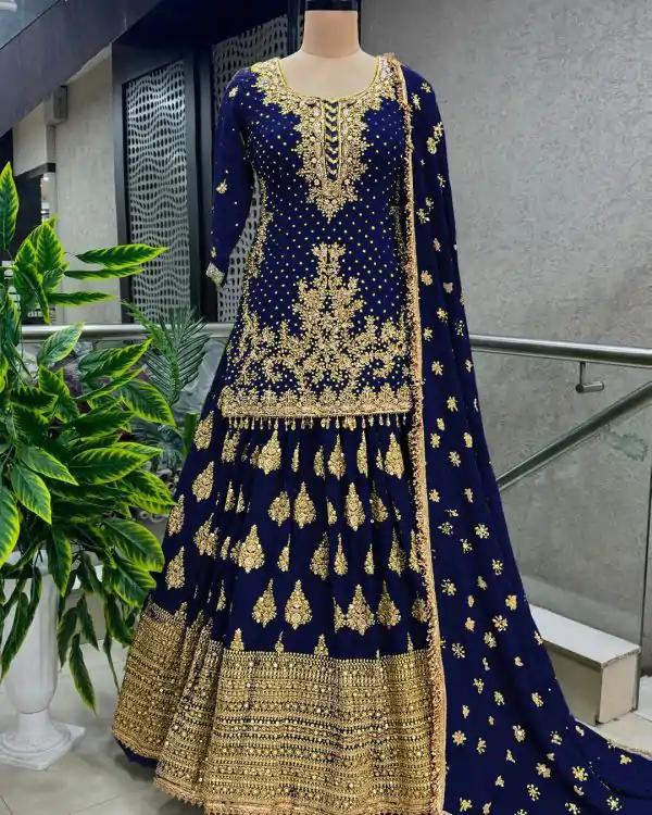 Captivating Navy Blue Chinnon Silk Embroidery Lehenga Choli