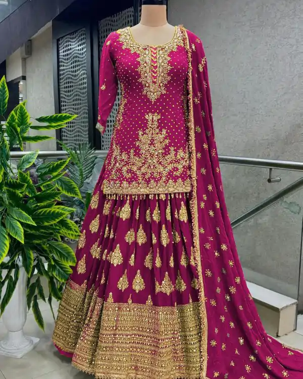 Captivating Pink Color Chinnon Silk Embroidery Lehenga Choli