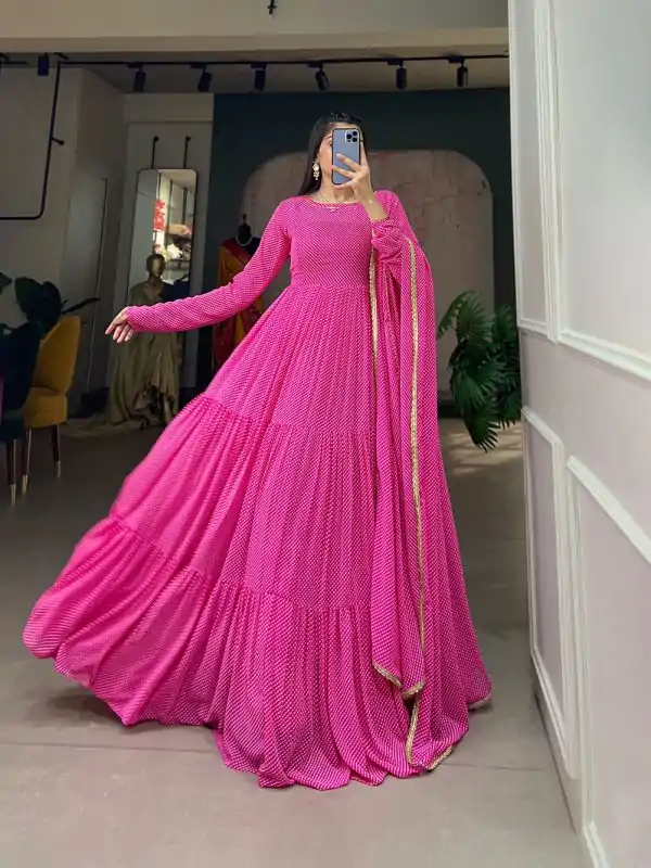 Classic Pink Color Georgette Printed Weaving Work Gown