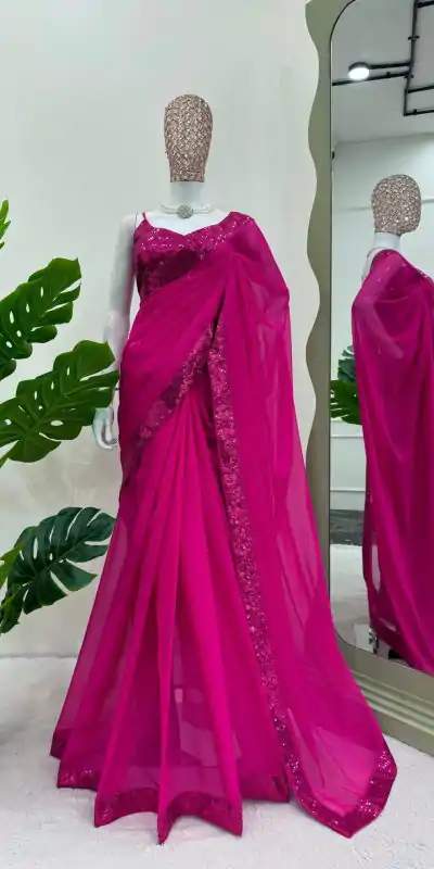 Classic Rani Pink Color Tabby Silk Sequence Beglory Silk Saree