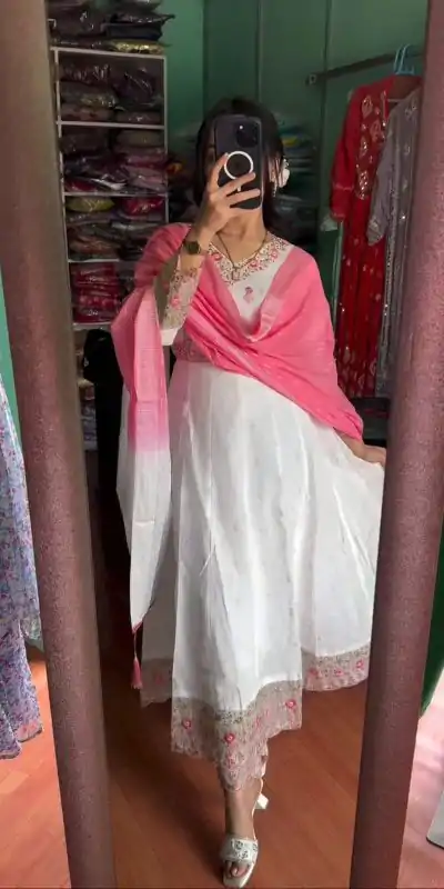 Classic White Color Pure Chinon Silk With Sleeves Gown