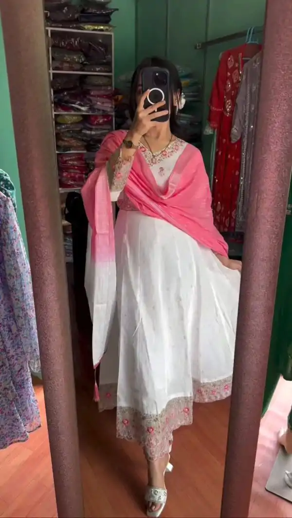 Classic White Color Pure Chinon Silk With Sleeves Gown