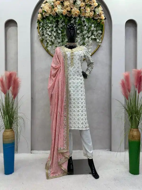 Classic Pink Color Georgette Thread Sequence Salwar Suit