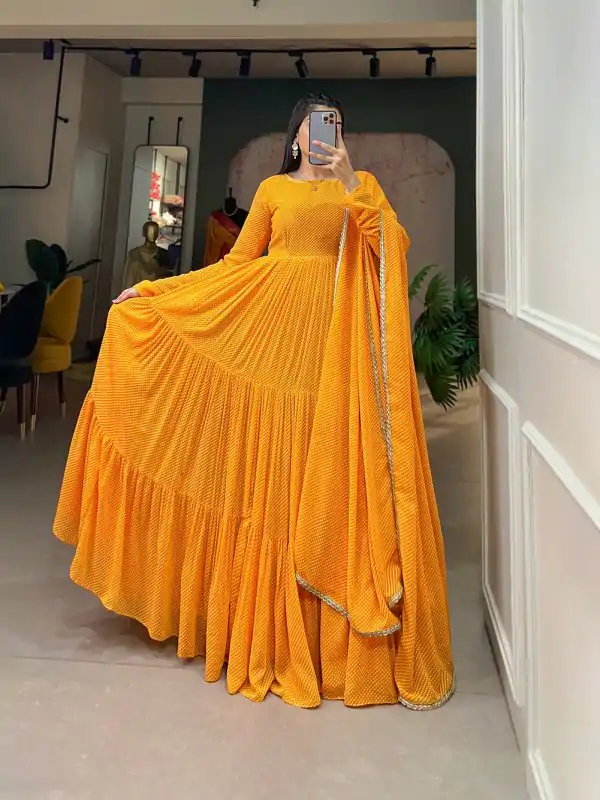 Classic Yellow Color Georgette Printed Weaving Work Gown