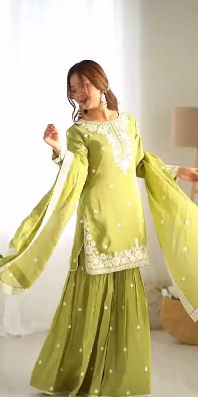 Classis Green Color Chinnon Silk Embroidery Work Salwar Suit