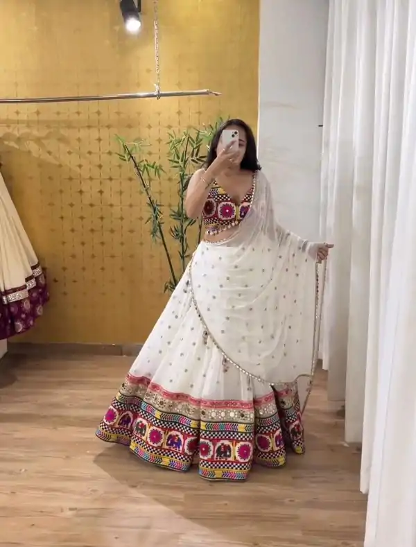 Cute White Color Georgette Heavy Gamathi Work Lehenga Choli
