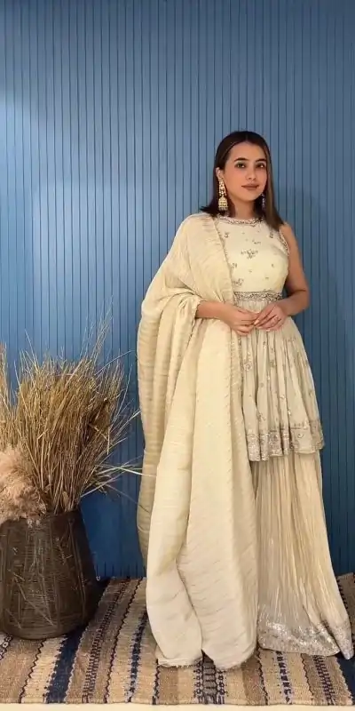 Dazzling Cream Color Georgette Embroidery Sequence Salwar Suit