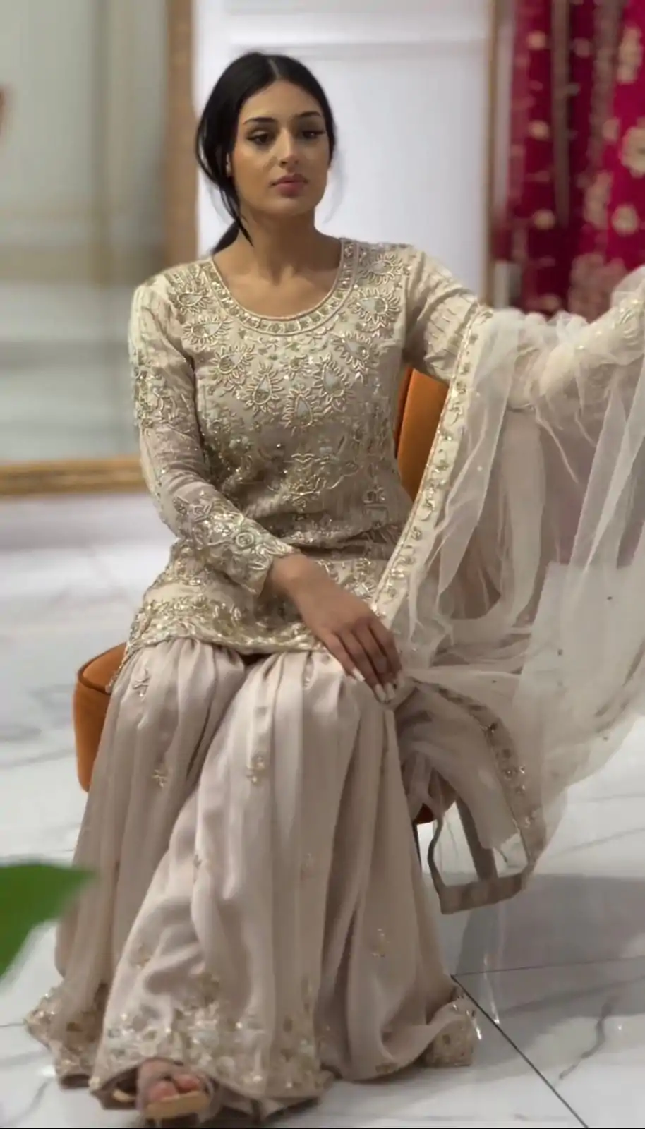 Elegant Cream Color Georgette Embroidery Sharara Suit - Image 3