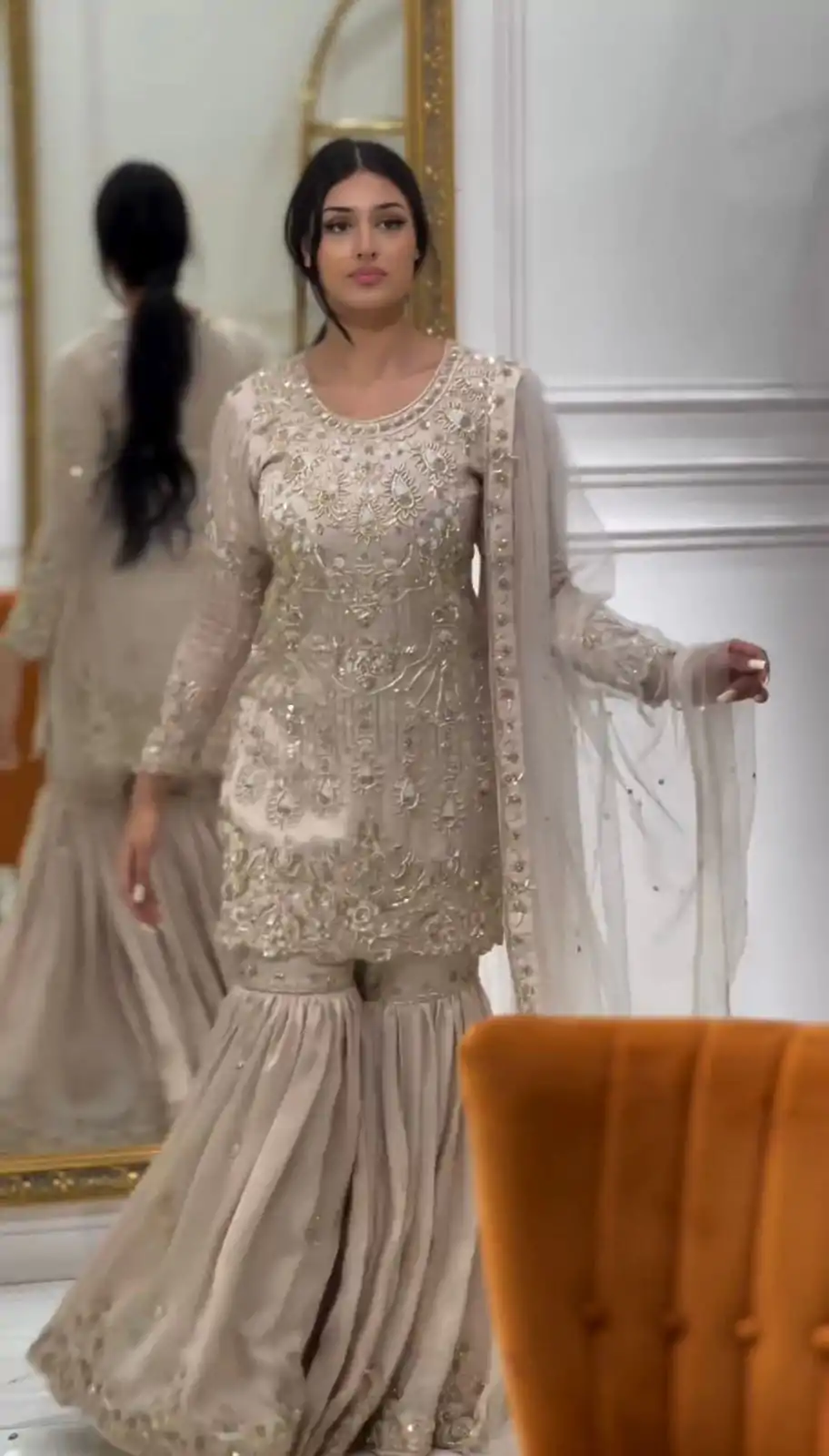 Elegant Cream Color Georgette Embroidery Sharara Suit - Image 2