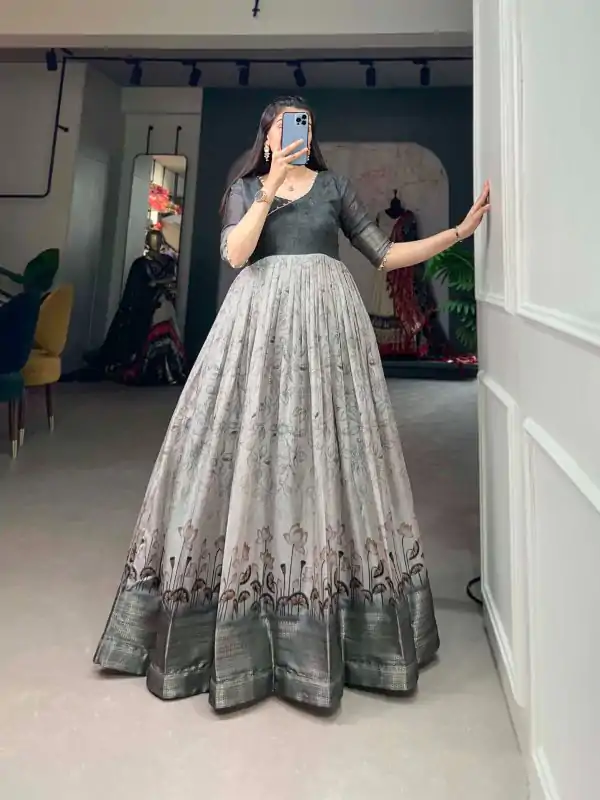 Elegant Grey Color Tussar Silk Printed Weaving Border Gown