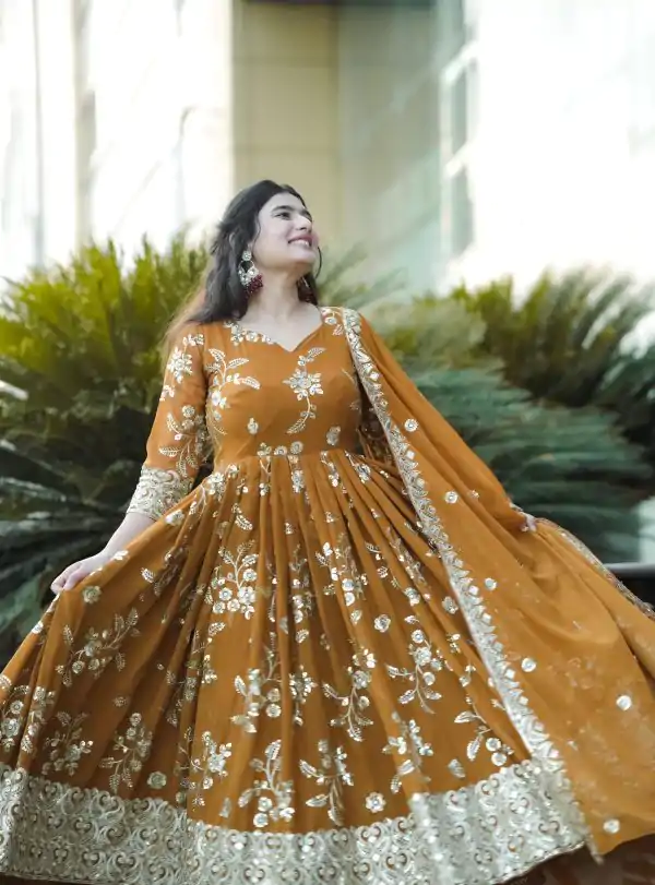 Elegant Mustard Georgette Embroidery Sequence Anarkali Suit