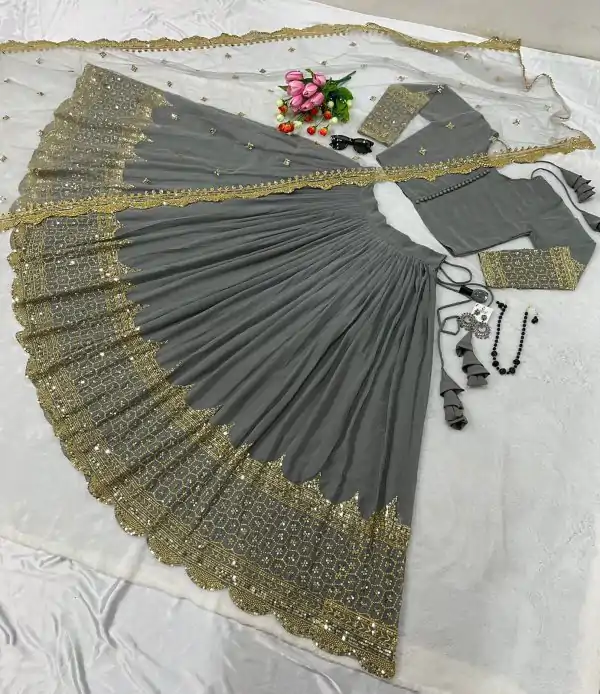 Fancy Cement Color Georgette Embroidery Lehenga Choli