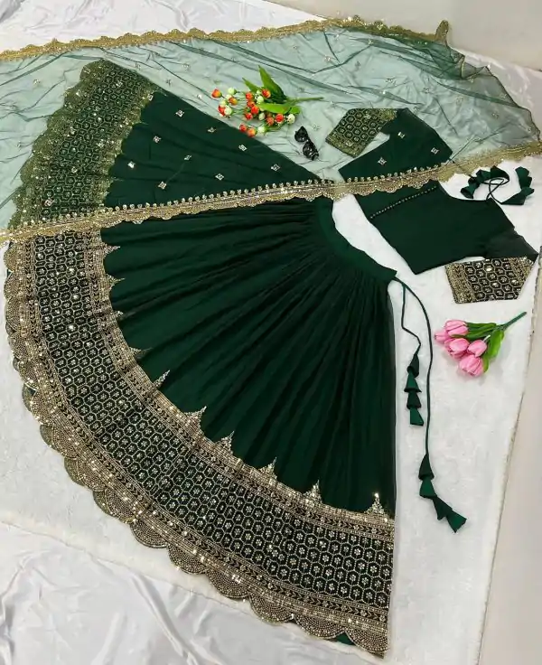Fancy Dark Green Color Georgette Embroidery Lehenga Choli