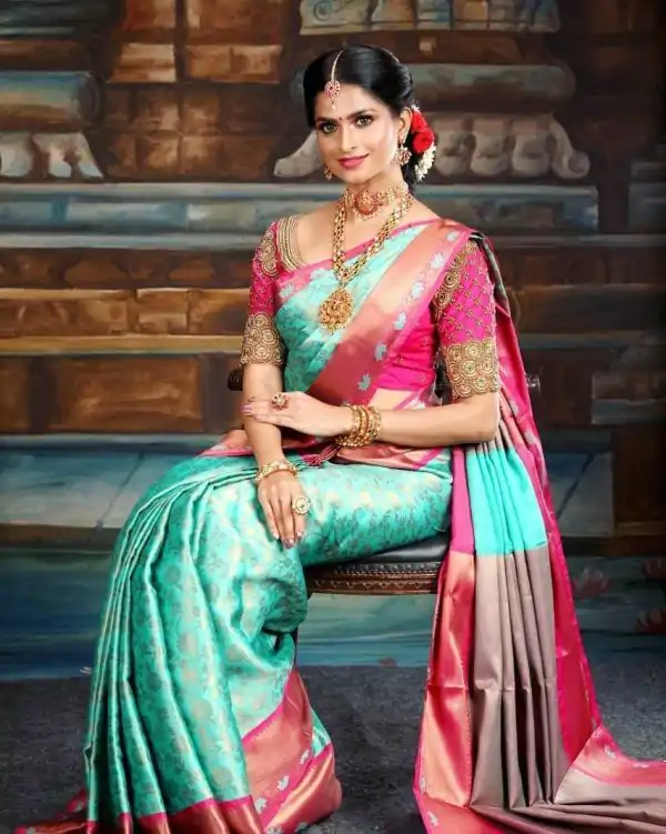 Fancy Firozi Color Soft Lichi Silk Jacquard All Over Saree