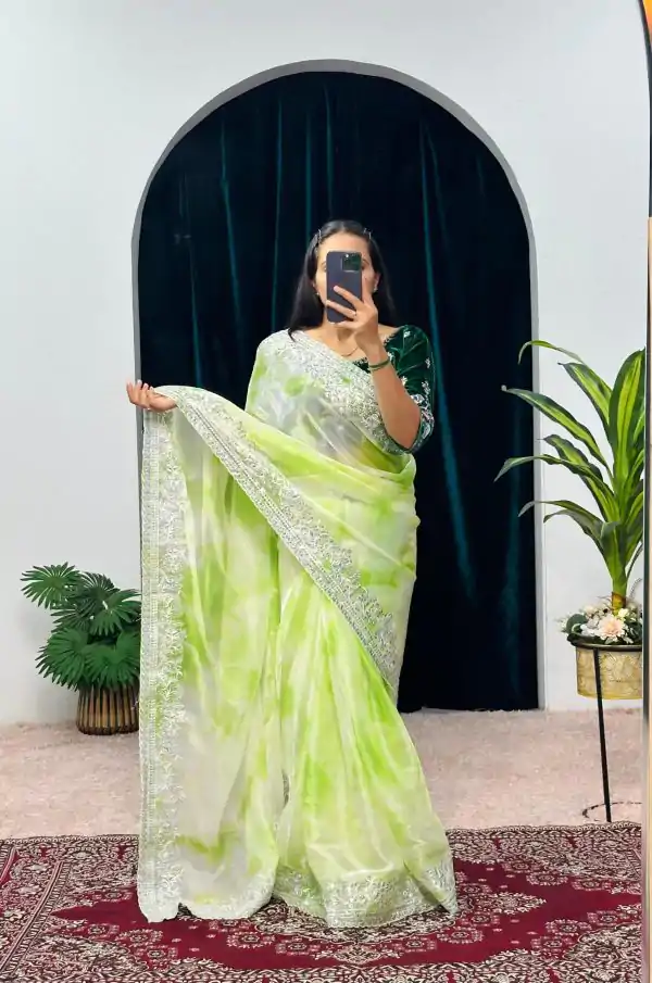Fancy Green Color Burberry Blooming Zari Embroidery Saree