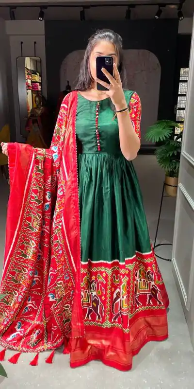 Fancy Green Color Dola Silk Patola Foil Printed Work Gown