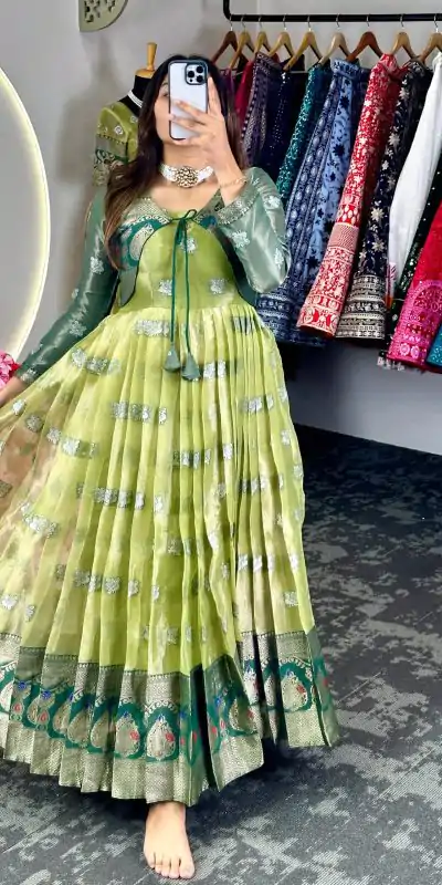 Fancy Green Color Kota Silk Weaving Jacquard With Koti Gown