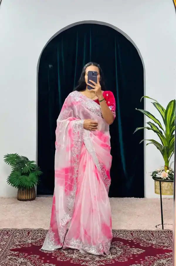 Fancy Pink Color Burberry Blooming Zari Embroidery Saree