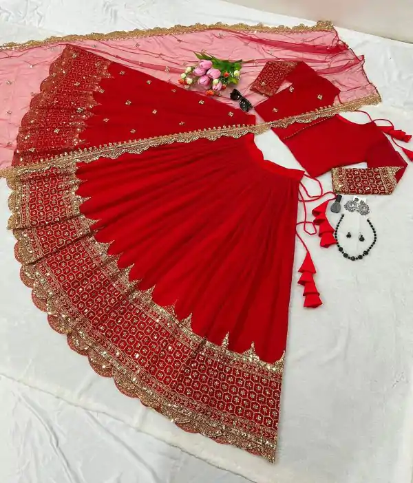 Fancy Red Color Faux Georgette Embroidery Lehenga Choli