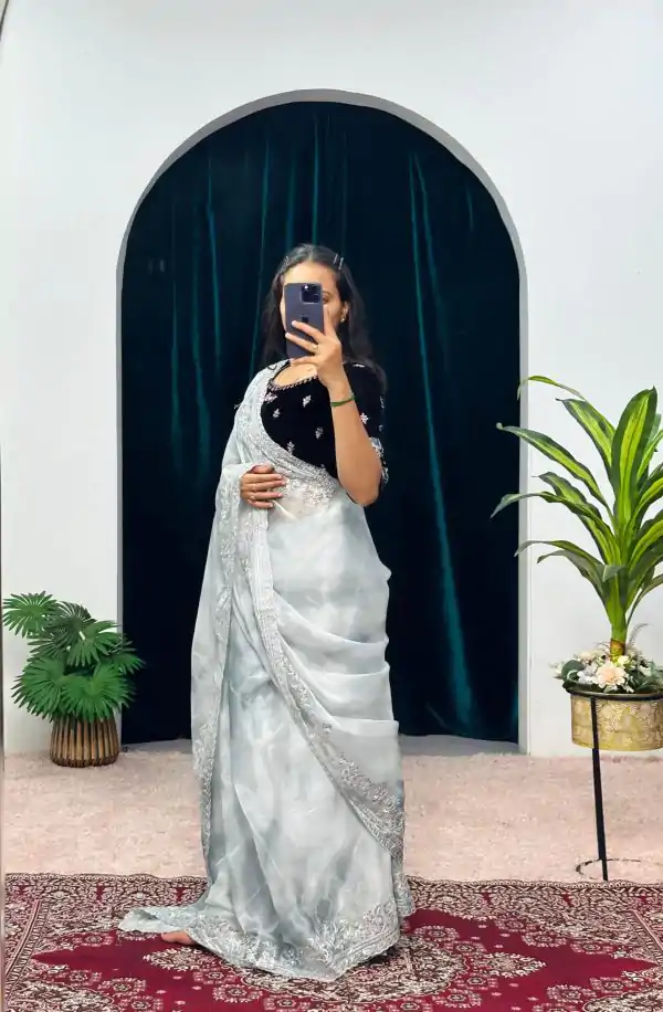Fancy White Color Burberry Blooming Zari Embroidery Saree