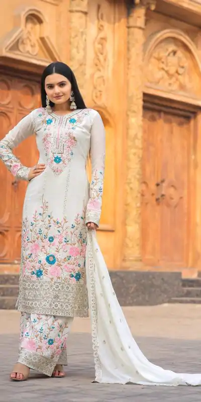 Fancy White Color Chinon Silk Diamond Work Sharara Suit