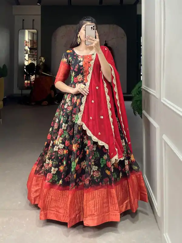 Fine Black Color Soft Chanderi Printed Weaving Work Gown