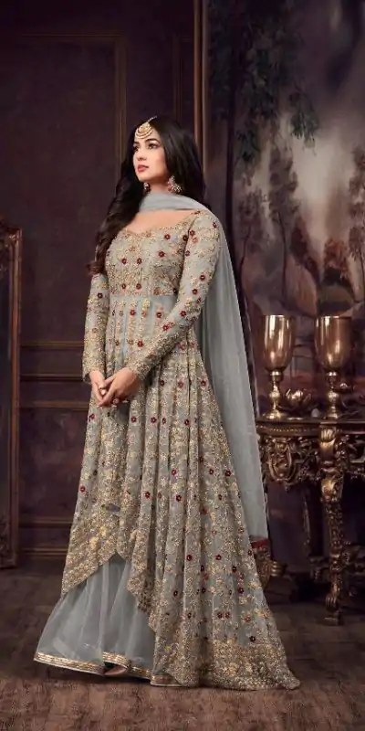 Fine Cement Color Heavy Net Embroidery Sequence Salwar Suit