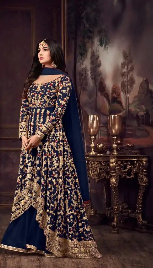 Fine Navy Blue Heavy Net Embroidery Sequence Salwar Suit