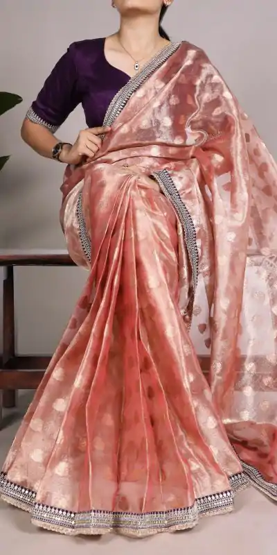 Fine Onion Color Banarasi Tissue Silk Zari Weaving Work Saree