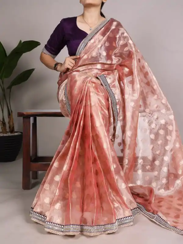 Fine Onion Color Banarasi Tissue Silk Zari Weaving Work Saree