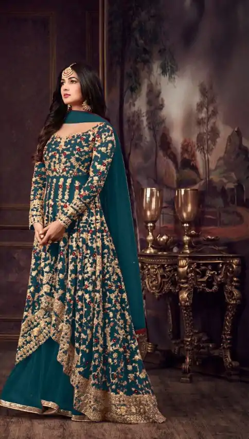 Fine Peacock Blue Heavy Net Embroidery Sequence Salwar Suit