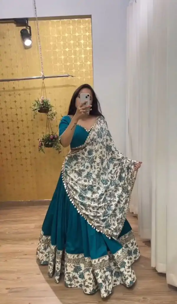 Fine Peacock Blue Color Pure Cotton Sequence Lehenga Choli
