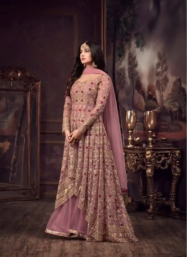 Fine Pink Color Heavy Net Embroidery Sequence Salwar Suit