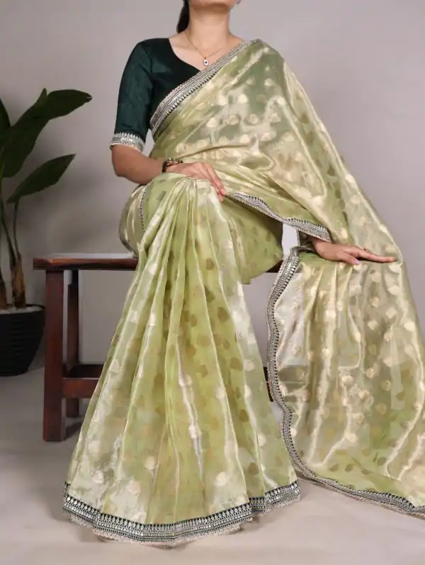 Fine Pista Color Banarasi Tissue Silk Zari Weaving Work Saree