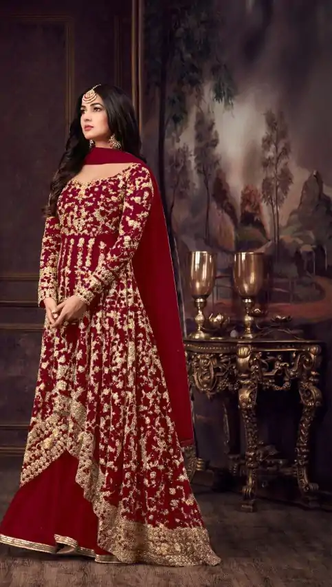 Fine Red Color Heavy Net Embroidery Sequence Salwar Suit