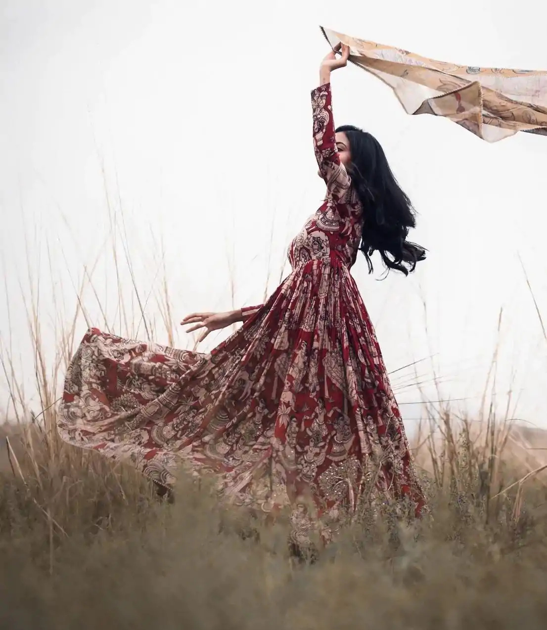 Glamorous Red Color Chant Crepe Kalamkari printed Work Gown - Image 6