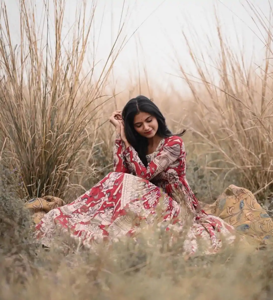 Glamorous Red Color Chant Crepe Kalamkari printed Work Gown - Image 3