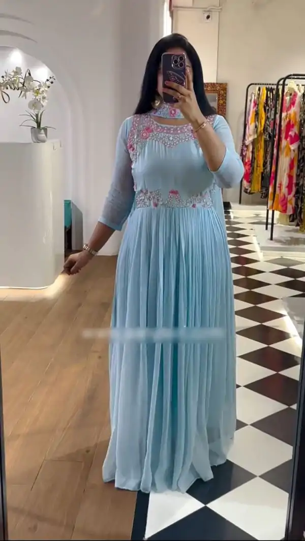 Grand Blue Color Fox Georgette Embroidery Sequence Work Gown