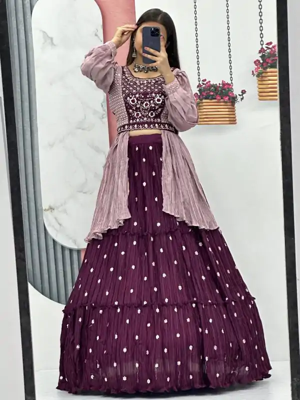 Mesmerizing Purple Color Chinon Real Handwork Lehenga Choli