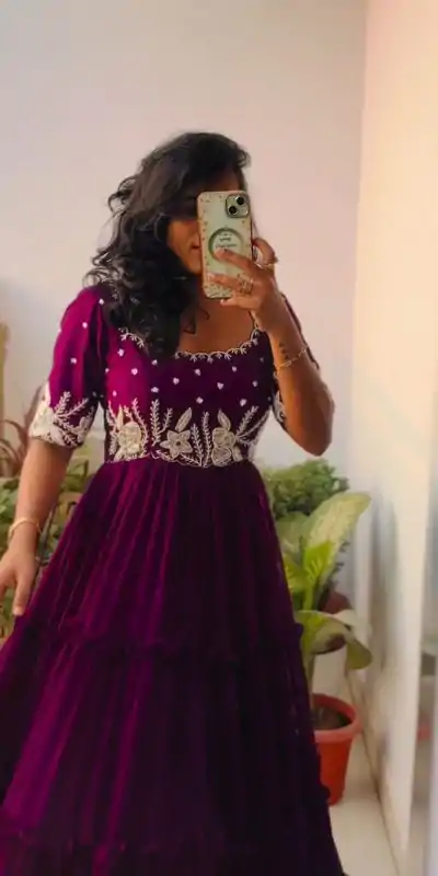 Mystical Purple Color Fox Georgette Embroidery Thread Gown