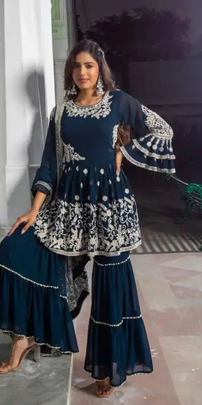 Nice Blue Color Georgette Embroidery Moti Lace Salwar Suit