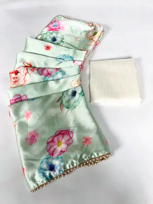 Nice Pista Color Satin Silk Floral Printed Lace Border Work Saree