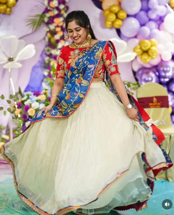 Nice White Chant Crepe Kalamkari Printed Diamond Lehenga Choli