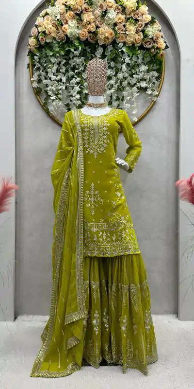 Peaceful Mehndi Color Georgette Thread Sequence Salwar Suit