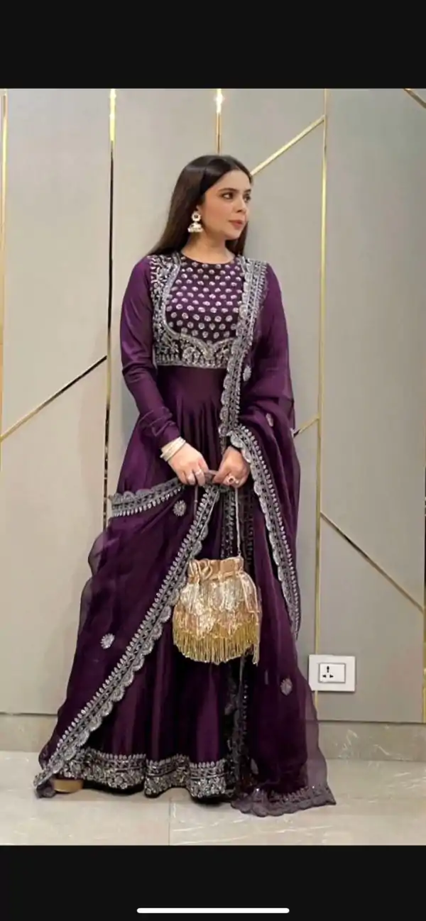 Peaceful Purple Color Georgette Embroidery Sequence Gown