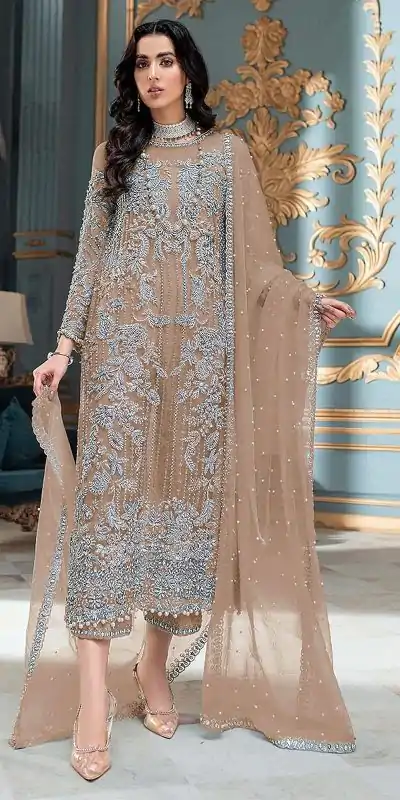 Pretty Light Brown Organza Embroidery Sequence Salwar Suit